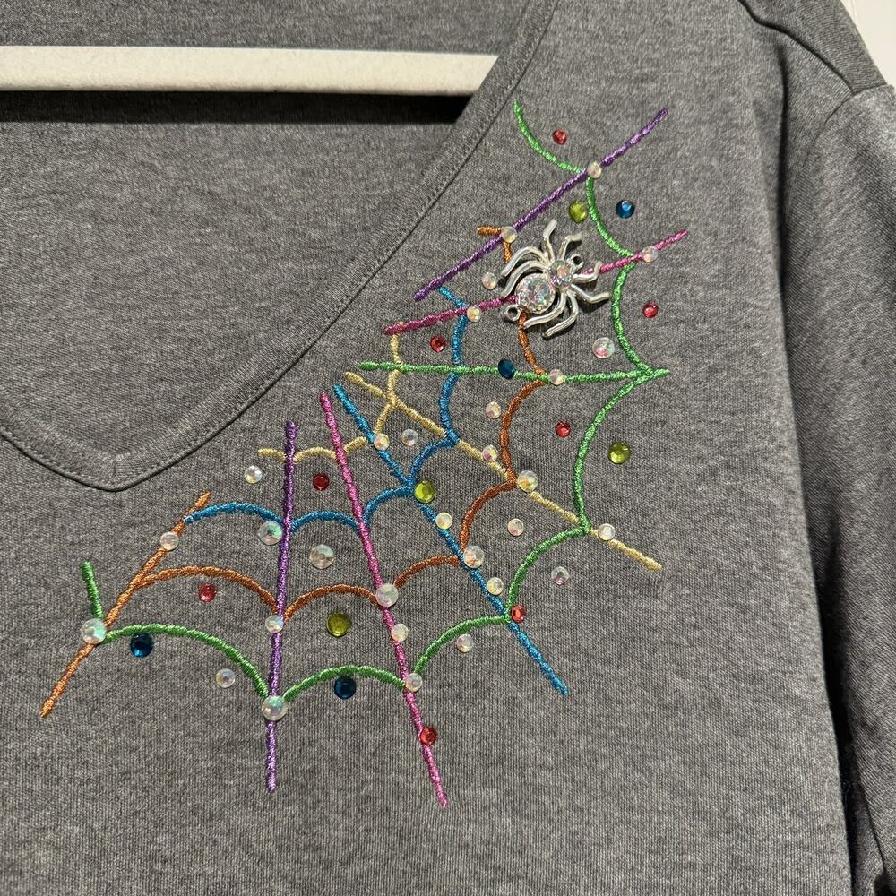 Quacker Factory Gray Halloween Spider Web Rhinestone Top Plus Size 3X - Picture 2 of 6